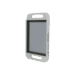 Angled view of a white holder with gray inner lining, integrated handles at top and bottom, and elongated side slots.
