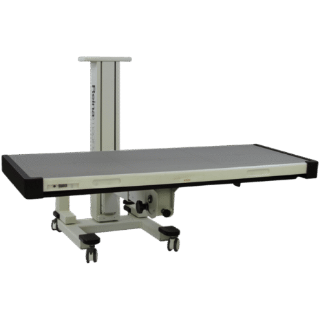 9-UNDER-HERO-POSPGL Horizontal mobile X-ray panel holder with a wide flat surface and four caster wheels.
