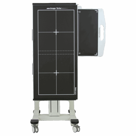 9-it_posp_pag-half-removed Vertical mobile X-ray panel holder with alignment markers and a side-mounted removable panel on a wheeled base.