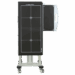 Vertical mobile X-ray panel holder with alignment markers and a side-mounted removable panel on a wheeled base.