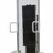 Mobile X-ray stand with adjustable panel and side handles on wheels.