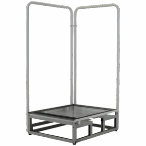 Metal frame platform with two vertical handles and a square base, angled view.
