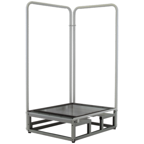 CS1_HERO Metal frame platform with two vertical handles and a square base, angled view.