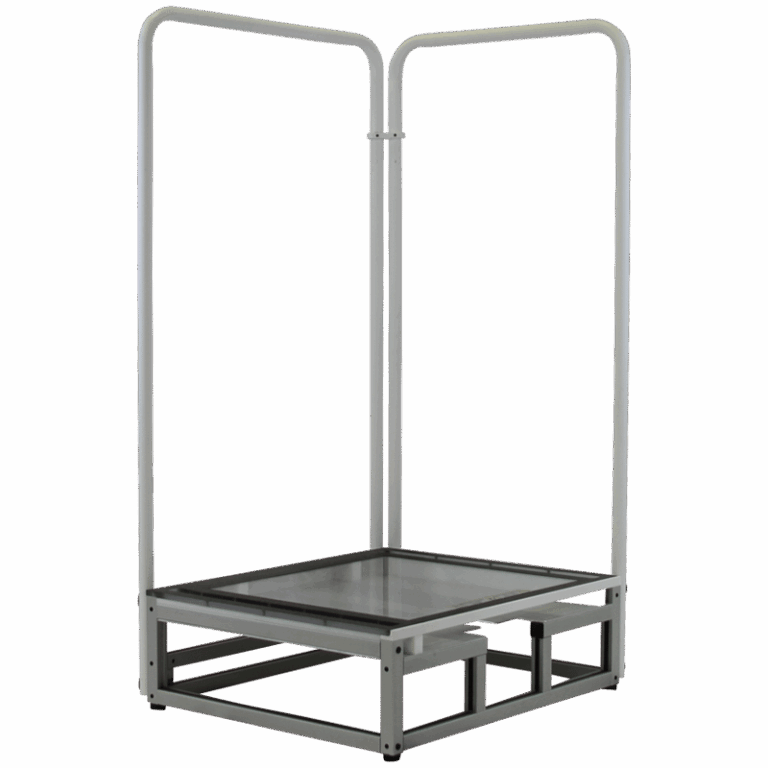 Metal frame platform with two vertical handles and a square base, angled view.