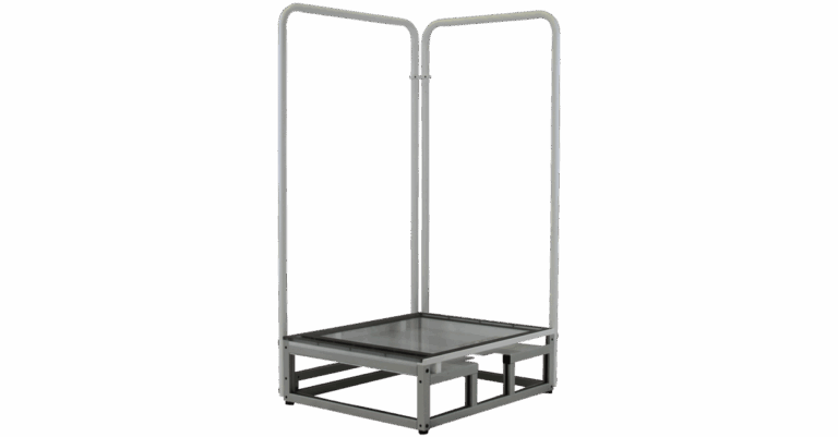 Metal platform with vertical bars, possibly used as a weighing scale or loading station.