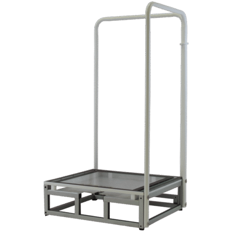 CS1_HERO1 Metal frame platform with a single vertical handle and square base, angled view
