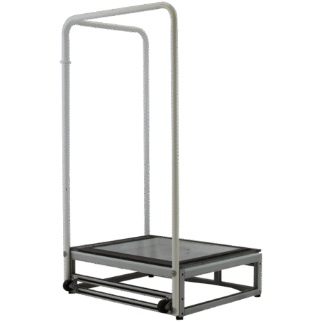 CS1_HERO_BACK Metal frame platform with a single vertical handle and square base, angled rear view