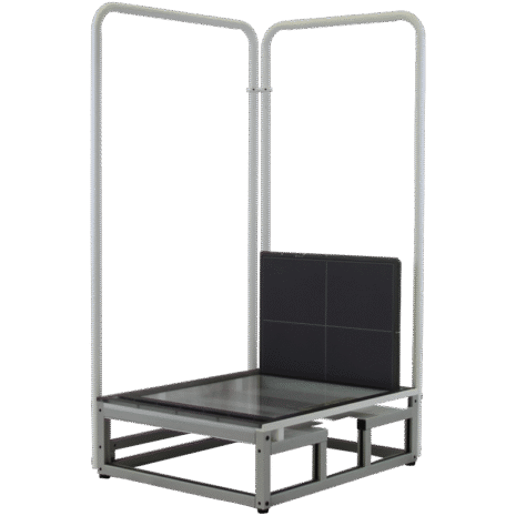 CS1_HERO_PANEL Metal frame structure with two vertical handles and a square platform with a black panel.