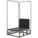 Metal frame structure with two vertical handles and a square platform with a black panel.