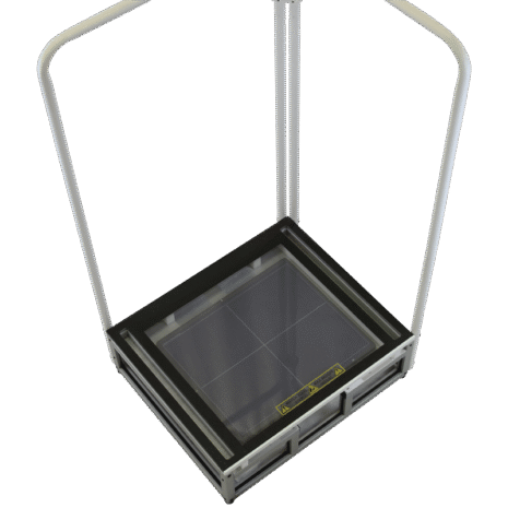 CS1_OVERHEAD_PANEL Top-down view of a square platform with two vertical handles and a black panel surface