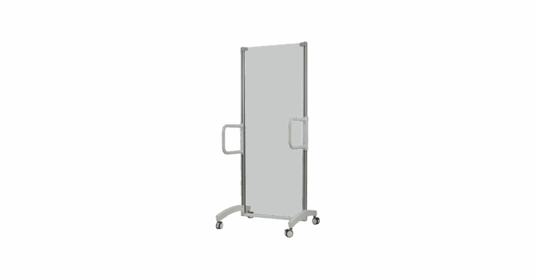 Mobile stitching stand with a transparent panel, metal frame, and caster wheels