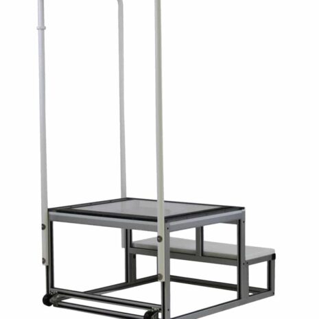Casters Metal step platform with two steps, a top platform, and a tall handrail