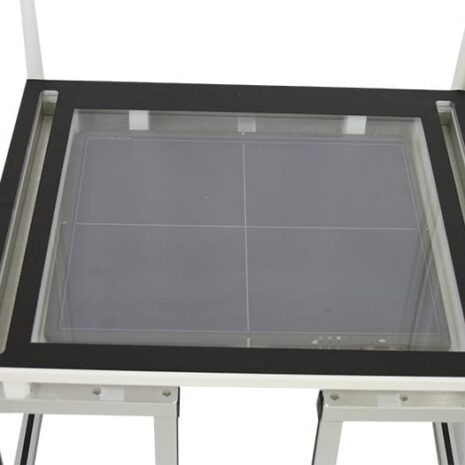 Close-Overhead-with-DR Top view of a white metal frame with a black border and glass panel insert.