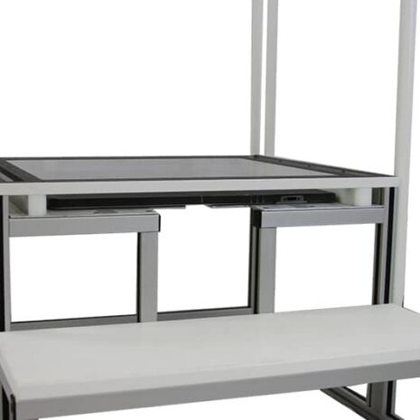 Close-Slot-with-DR Metal frame structure with a white bench and integrated slots for components