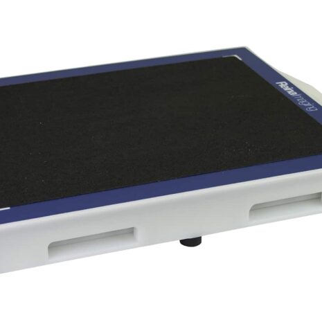 ET1417V_TOP Angled view of a white rectangular panel with a black textured surface, blue border, and a handle cutout on the side