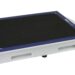 Angled view of a white rectangular panel with a black textured surface, blue border, and a handle cutout on the side