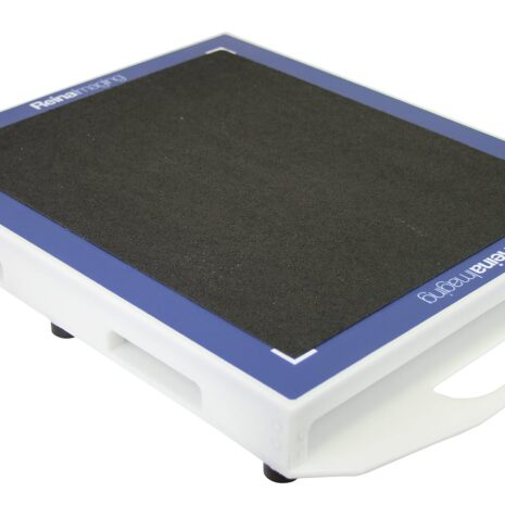 ET1417V_TOP-HERO Angled view of a white rectangular panel with a black textured surface, blue border, and a handle cutout on the side