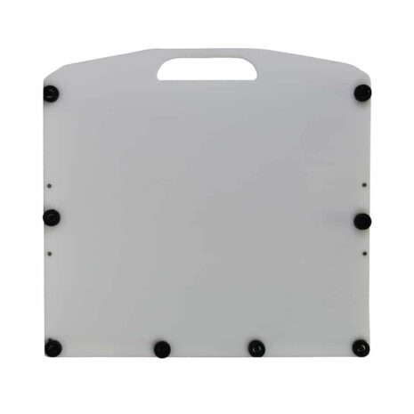 ET1417_BACK Front view of a white rectangular panel with a single handle cutout at the top and multiple black fasteners along the edges