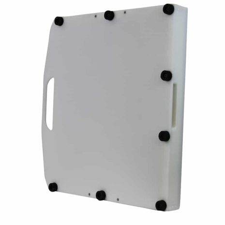 ET1417_BACK_HERO Angled view of a white rectangular panel with a single handle cutout at the top and multiple black fasteners along the edges