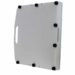 Angled view of a white rectangular panel with a single handle cutout at the top and multiple black fasteners along the edges