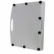 Angled view of a white rectangular panel with a single handle cutout at the top and multiple black fasteners along the edges