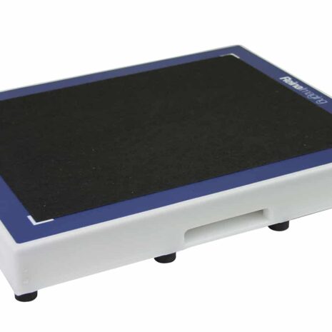ET1417_BACK_TOP Angled view of a white rectangular panel with a black textured surface, blue border, and a handle cutout on the side