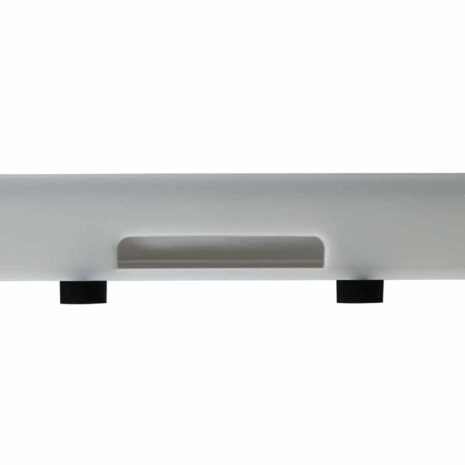 ET1417_PROFILE Side profile view of a white rectangular panel with a single handle cutout and multiple black fasteners along the bottom edge