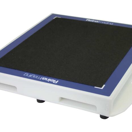 ET1417_TOP-HERO Angled view of a white rectangular panel with a black textured surface, blue border, and a handle cutout on the side