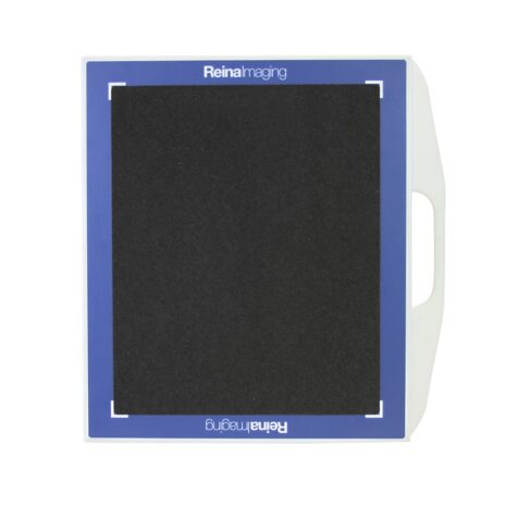 ET1417_TUBE Top view of a white rectangular panel with a black textured surface, blue border, and a side handle cutout