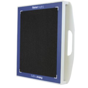 Angled view of a white rectangular panel with a black textured surface, blue border, and a side handle cutout