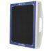 Angled view of a white rectangular panel with a black textured surface, blue border, and a side handle cutout