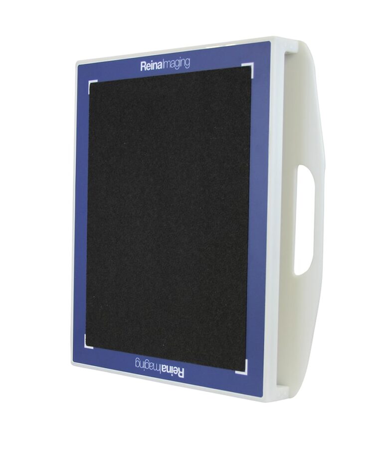 Angled view of a white rectangular panel with a black textured surface, blue border, and a side handle cutout