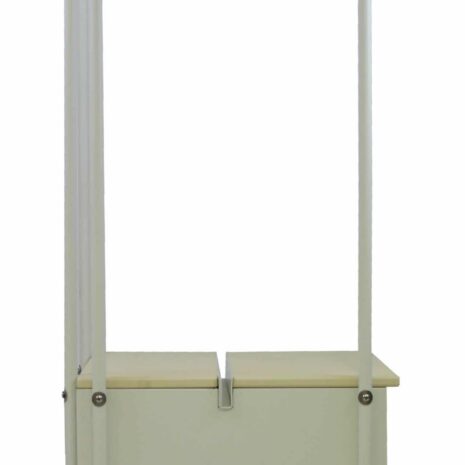 FS2_BACK_CASTERS-scaled Rear view of a three-step platform with metal handrails and caster wheels at the base