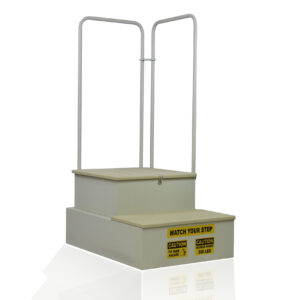 Three-step platform with metal handrails and caution labels on the front