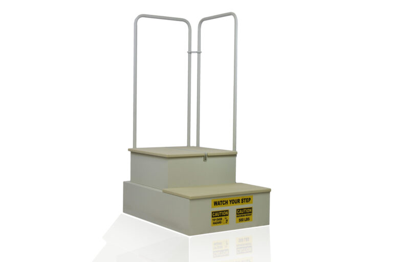 Three-step platform with metal handrails and caution labels on the front