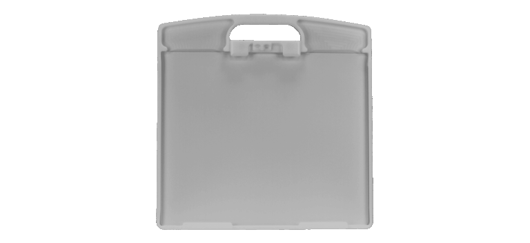 A white plastic case with a cover, part of x-ray imaging equipment, designed for protective storage and transport.