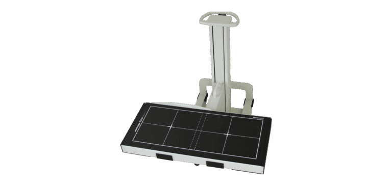 Under-table medical imaging stand with a flat-panel detector mounted horizontally, featuring an adjustable vertical support and a handle for positioning.