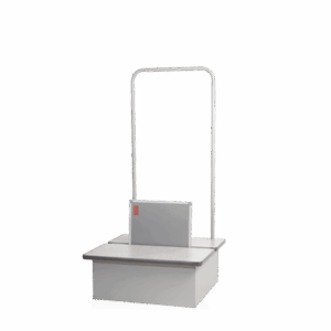 Single-step footstool with a flat top, vertical metal handrail, and small back panel