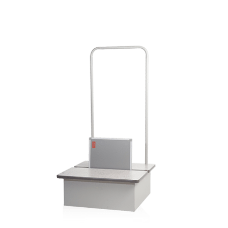 Single-step footstool with a flat top, vertical metal handrail, and small back panel