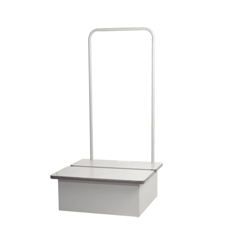 Footstool_2 Single-step footstool with a flat top and a vertical metal handrail
