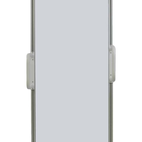 Front Front view of mobile protective shield with clear panel and caster wheels