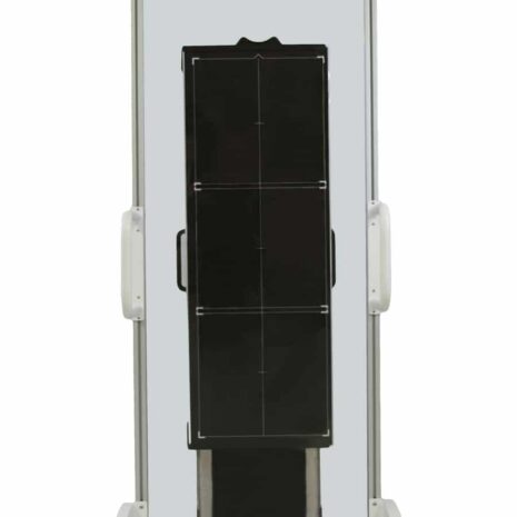 Front-With-Trans-Former Mobile X-ray stand with adjustable panel and side handles on wheels.
