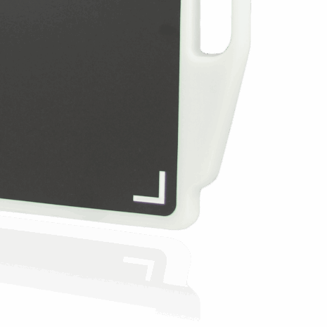 HD_CORNER_DETAIL Close-up of a black X-ray grid corner with a white frame and handle.