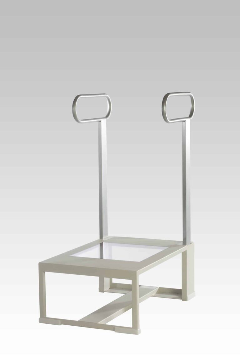 White metal frame with two vertical handles and a square base.
