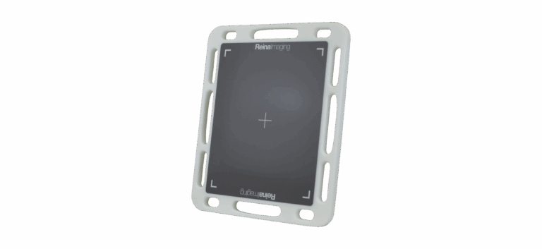 Rectangular Reina Imaging device with a dark screen, crosshair symbol, and white frame with multiple holes