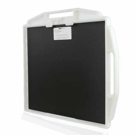 PB2HNG14_BACK_HERO Black carbon-fiber imaging panel with a white frame, multiple side handles, and a label at the top center.