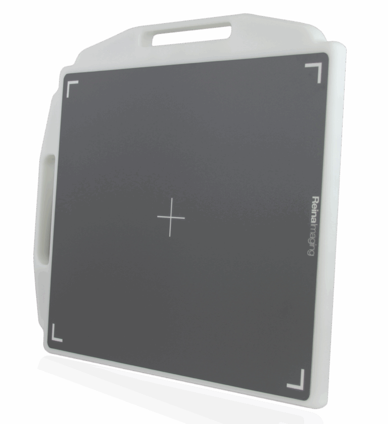 Gray imaging panel with a white frame, alignment markers, and two side handles shown at an angle.