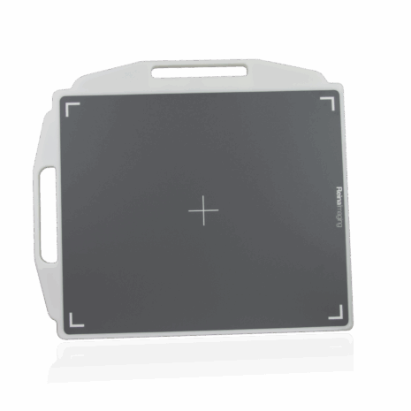 PB2HNG14_LAND_TUBE Gray imaging panel with a white frame, alignment markers, and two side handles shown at an angle.