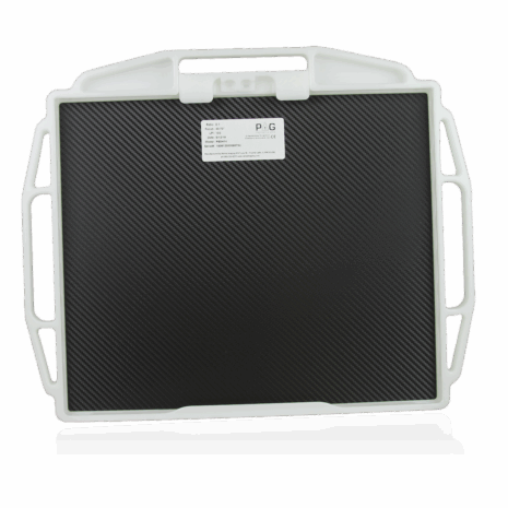 PB3H14_BACK Black carbon fiber X-ray grid in a white protective frame with multiple handles and a label on the back
