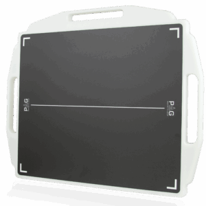 Black X-ray grid with white alignment markers and a white protective frame featuring multiple handles